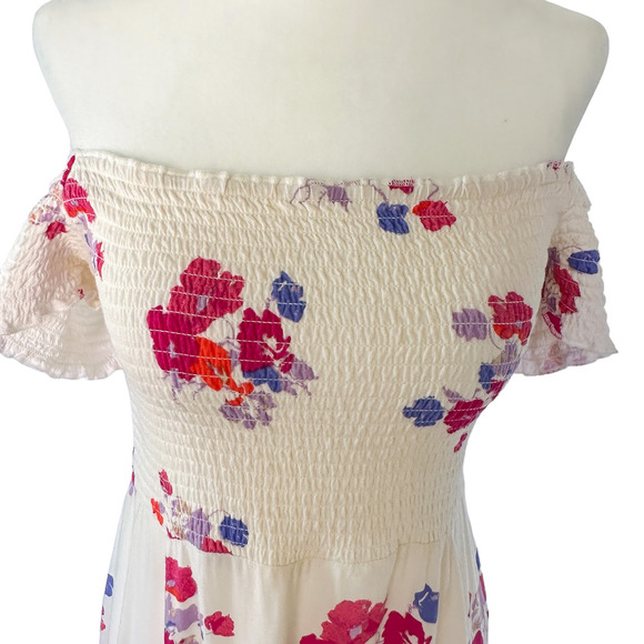 MINKPINK Falling Bloom Floral Smocked Off The Shoulder Maxi Dress White Pink  L - Picture 10 of 13